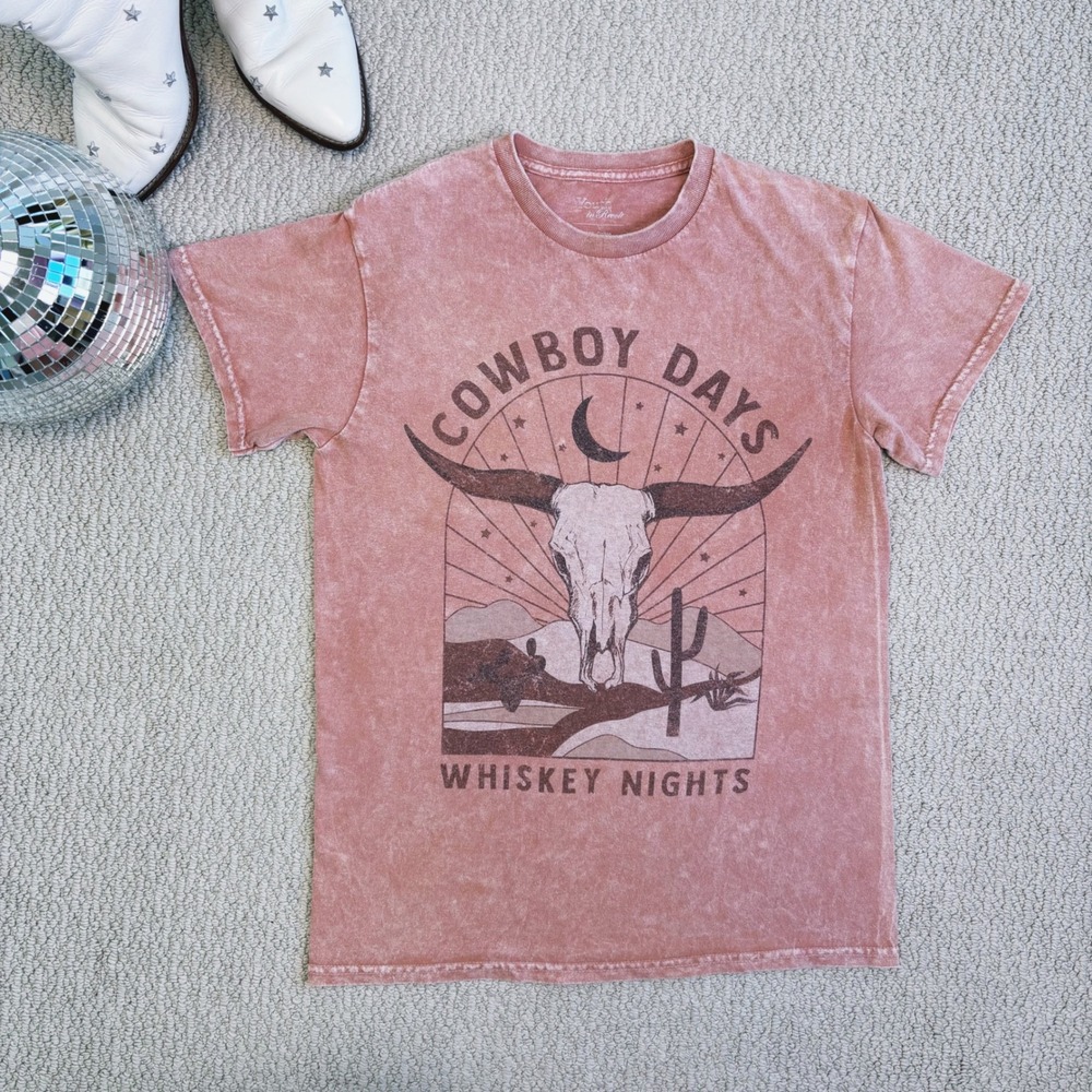 Cowboy Days Whiskey Nights Graphic Tee Dusty Rose‎ Small, Western Cowboy